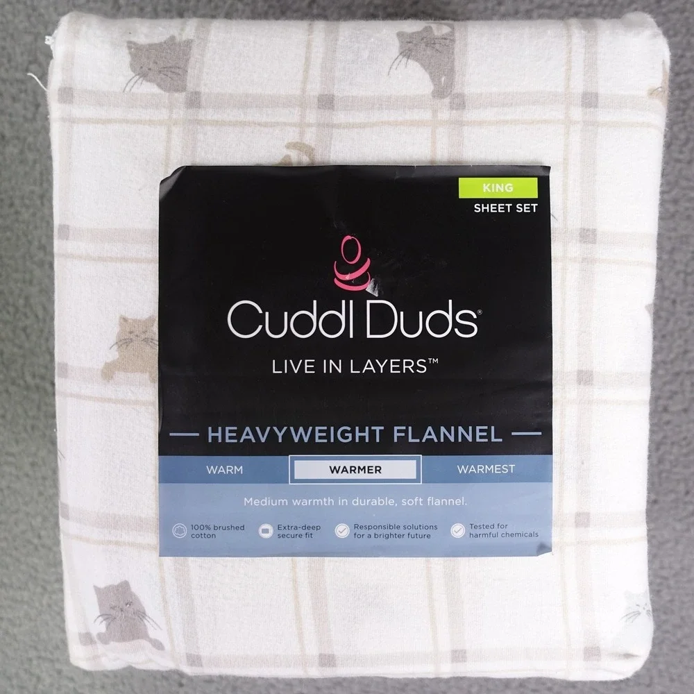 Cuddl Duds King Sheet Set Heavyweight Flannel Cat Plaid White Tan Grey 4pc New